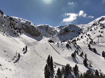 Domaine skiable de Masella, vue sur les montagne, les sapins et une grande piste de descente.