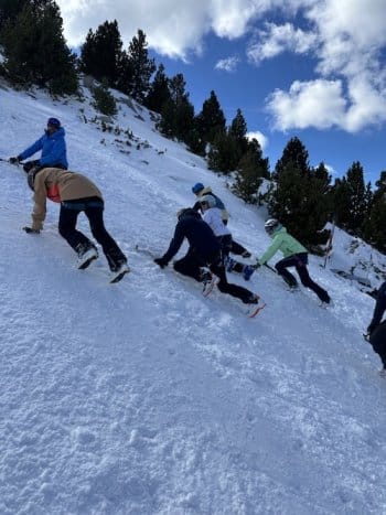 Groupe apprenant grimpe pente raide enneigée, piolets, alpinisme, Pyrénées-Orientales, Font-Romeu. Groupe apprenant grimpe pente raide enneigée, piolets, alpinisme, Pyrénées-Orientales, Font-Romeu.
