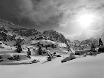 Photographie en noir et blanc du paysage enneigé des montagnes et des sapins dans le Parc National d'Aigüestortes du Val d'Aran. Photographie en noir et blanc du paysage enneigé des montagnes et des sapins dans le Parc National d'Aigüestortes du Val d'Aran.